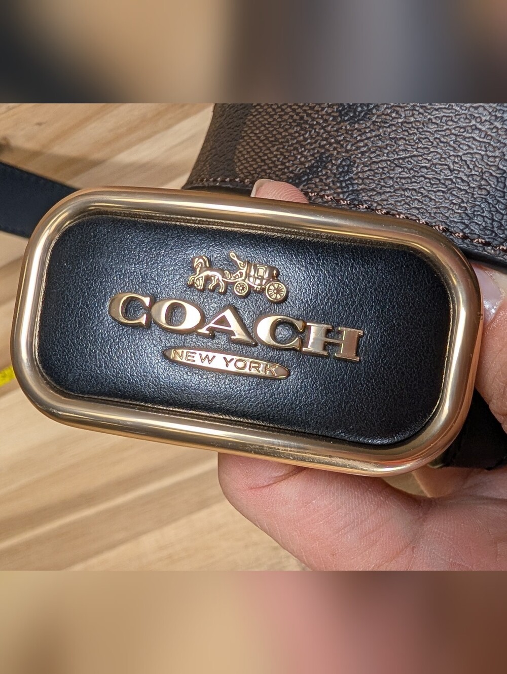 Coach Reversible Signature Canvas Leather Belt Gold Buckle Brown / Black